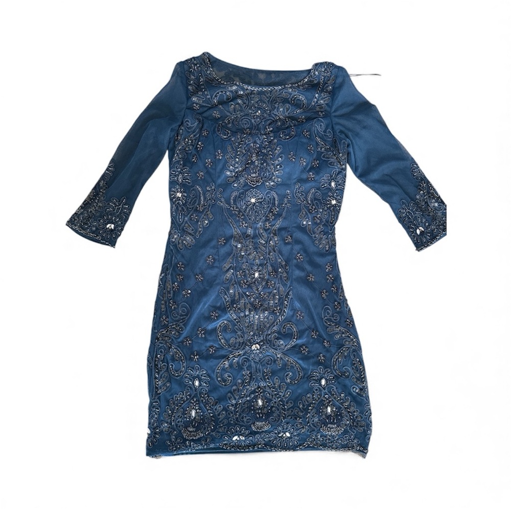 Sue Wong Navy Embellished Long Sleeve Dress